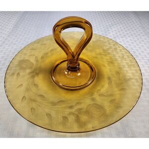 Cambridge Glass Center Handle Tray Elegant Majestic Etch Amber Plate Hand Blown